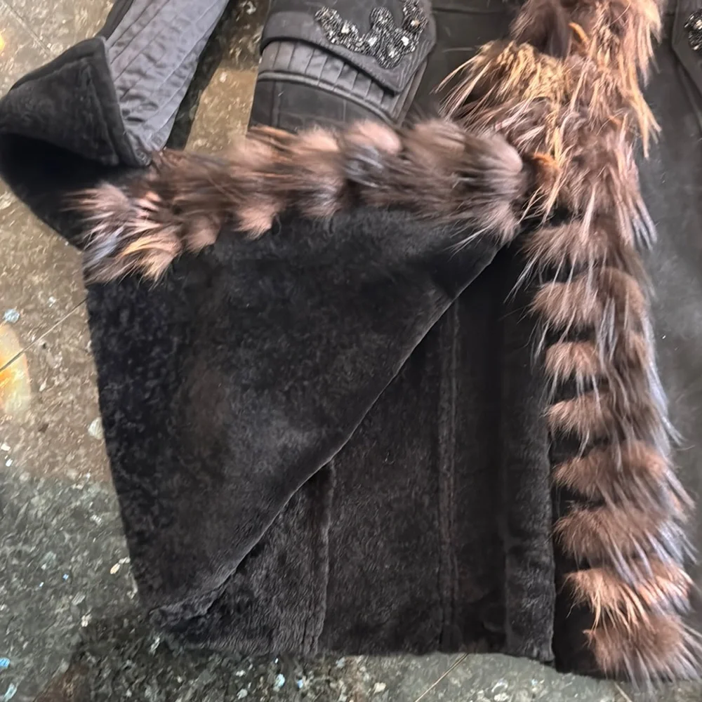 Roberto Cavalli Shearling Suede Black Fox Fur-Trimmed Women's Coat Size 48 - Picture 10 of 13